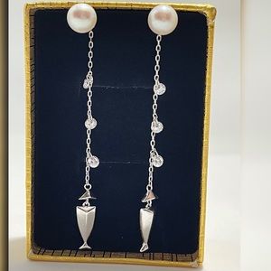 Authentic Freshwater pearl earrings dangle chain